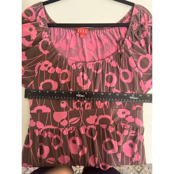 Elle Dress Brown Pink Scoop Neck Very Stretchy Dress Sz L With Waist Belt Tie - Picture 6 of 6